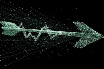 Abstract arrow composed of glowing particles, moving swiftly