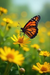 Fototapeta premium Monarch butterfly in flight above a sea of yellow wildflowers , flying butterfly, sunlit