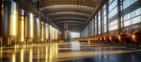 Vast industrial brewery interior with rows of gleaming stainless steel and copper fermentation tanks.