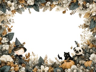 Obraz premium Halloween frame with watercolor illustrations of a witch, cat, dog, pumpkin, and floral decorations.