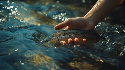 A person's hand gently holds a trout caught in a flowing river.