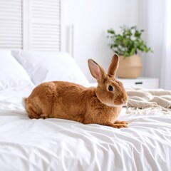 Fluffy brown rabbit on a bed