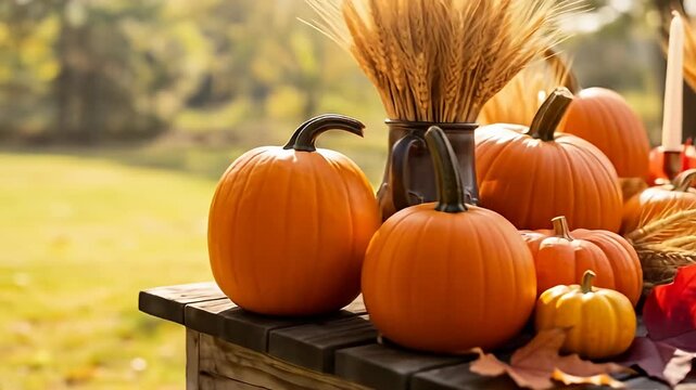 Autumn arrangement with pumpkins, wheat, candles, and colorful fallen leaves on a table