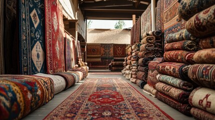 A warehouse brimming with rolled and unrolled oriental rugs, showcasing vibrant colors and intricate patterns.