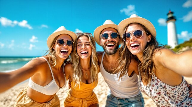Four cheerful friends wearing sunglasses and summer hats are taking a selfie on a beautiful beach with a lighthouse in the background, enjoying their summer vacation together