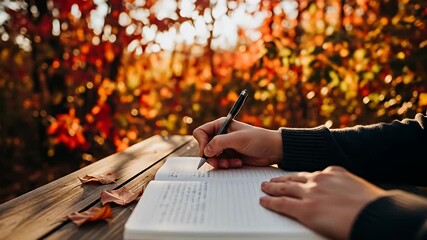 Person writes in open journal on wooden table; fall foliage background, warm lighting