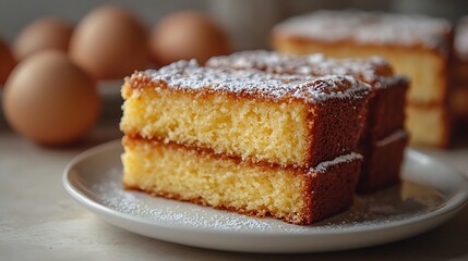 Homemade Sponge Cake Slices Stacked on Plate, Powdered Sugar, Fresh Eggs in Background