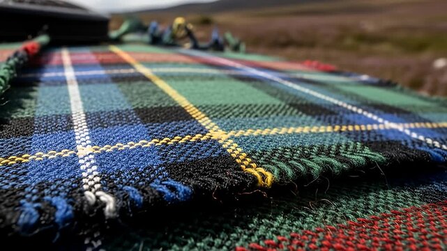Tartan picnic blanket sprawls across foreground; soft focus meadow background