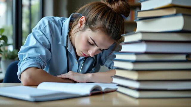Young woman student with stethoscope studying at library desk, surrounded by books, focused and determined in bright academic environment, preparing for medical exam, education and study session