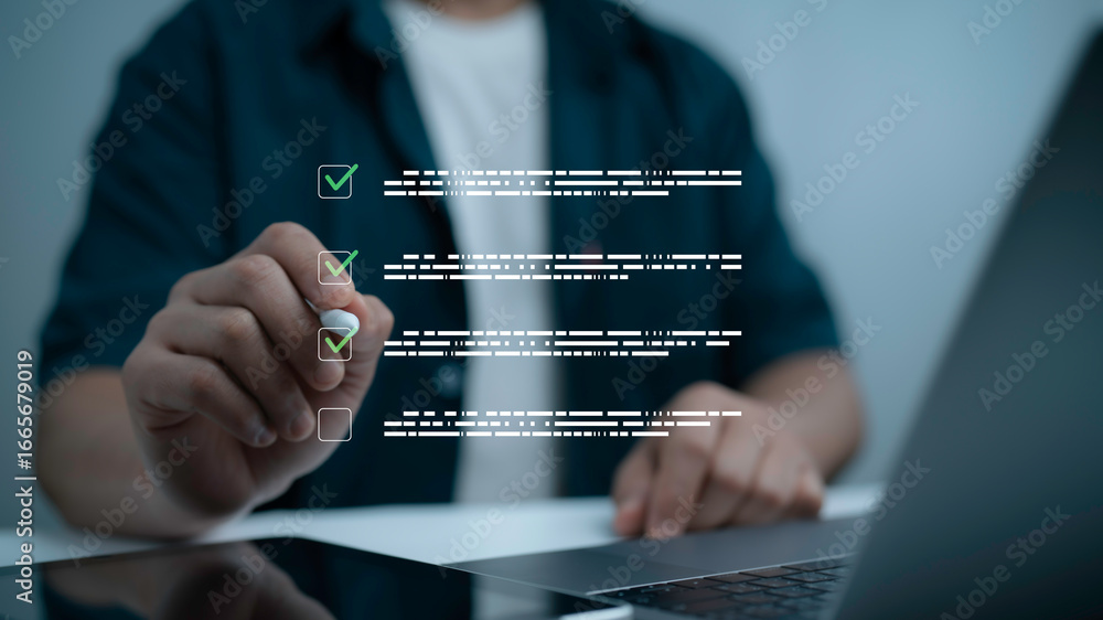 Poster businessman using digital checklist on tablet and laptop, symbolizing task management, productivity,