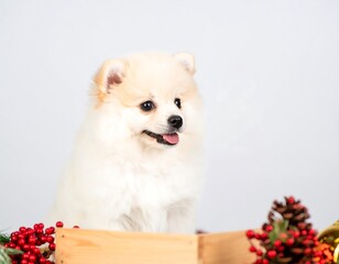 Fluffy Pomeranian puppy in a wooden crate
