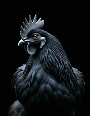 Fototapeta premium Striking Image of a Fluffy Black Hen Highlighted Against a Pure Black Background