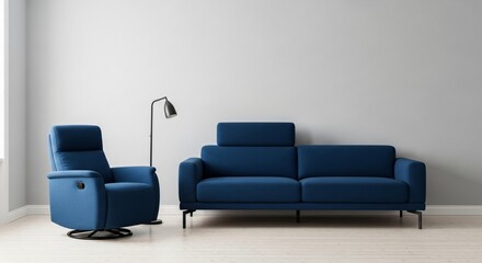 Modern blue sofa and recliner create inviting minimalist space