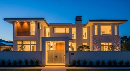 Stunning modern home glows against the beautiful twilight sky