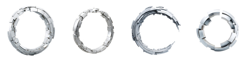 Naklejka premium Four abstract silver geometric rings, structural elements, 3D render isolated on white, future concept, clean design, tech structure, modern art.