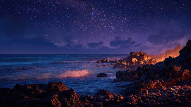 Night ocean view with starry sky and rocky shore landscape scenery