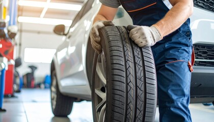 Obraz premium Mechanic replaces new car tires wearing gloves