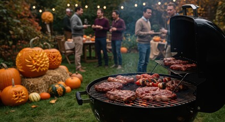 Outdoor barbecue with pumpkins and men enjoying a fall gathering with delicious grilled food and festive decor