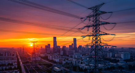 High-voltage electricity pylons and power grid over a modern city skyline at sunset
