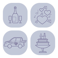 Collection of line icons representing celebratory activities. Champagne, love symbols, decorated car, and wedding cake. Ideal for event planning and invitations