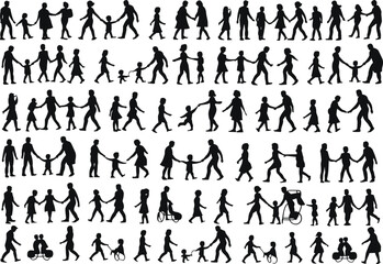Family silhouettes, parents with children, walking together, holding hands, diverse family group, children playing, outdoor activity, unity, love, connection, black isolated figures, white background