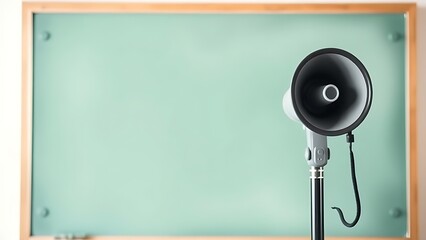 Megaphone positioned before a blank blackboard, representing communication and learning in a simple setting.
