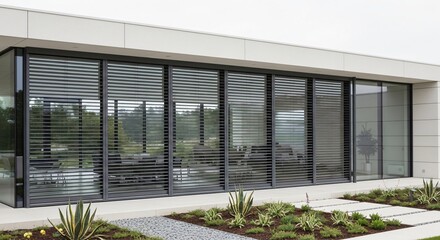 Modern home exterior with sleek windows and stylish landscaping
