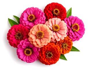 Colorful zinnia flowers arranged in a heart shape