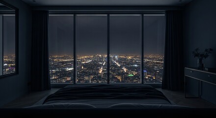 Luxury apartment bedroom view overlooking vibrant city lights