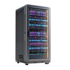 Realistic PNG of a Modern Server Rack with Glowing Lights