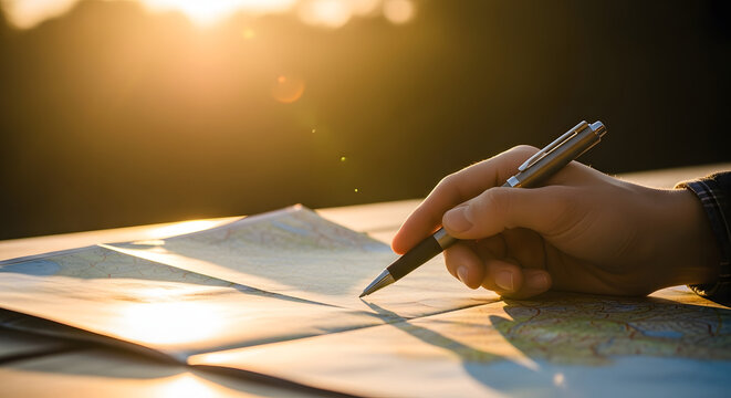 Person planning a travel route with a pen on a map at sunset