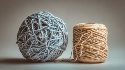 Two balls of twine one large blue and one small tan