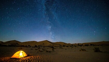Glowing Tent Under a Starry Desert Night Sky