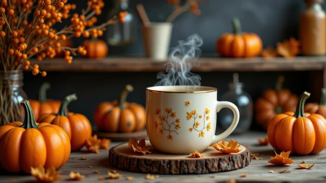 Steaming mug with autumn pumpkin, cozy warm beverage on rustic wooden table, surrounded by fall leaves, seasonal decoration, orange festive mood, and relaxing atmosphere