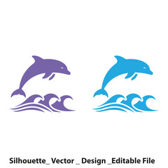 Fototapeta premium Dolphin Silhouette Vector Icons, Purple and Blue Gradient, Ocean Waves, Editable EPS File for Logo or Graphic Design