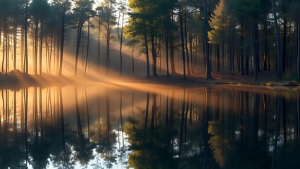 Obraz premium Peaceful forest landscape reflected in still water, capturing golden sunlight through trees.