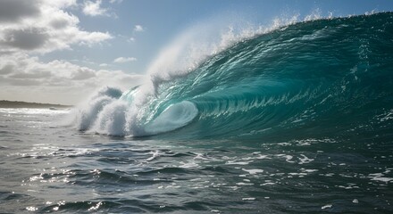 Majestic Ocean Wave Crashing Powerfully Turquoise Waterscape Scene