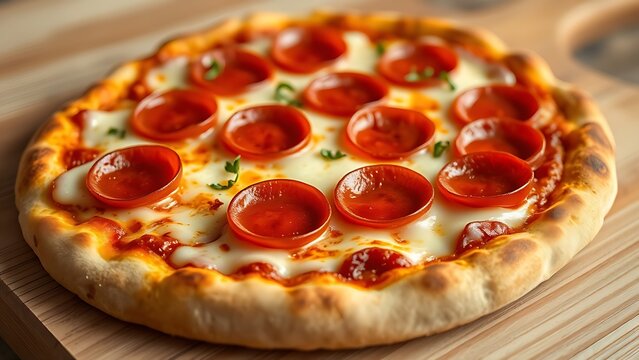 Close-up of a pepperoni pizza with melted cheese, showcasing appetizing details.