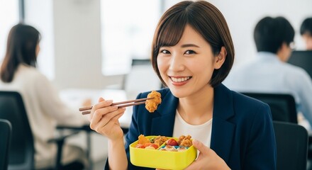 節約志向：手作りのお弁当をランチタイムに食べている日本人女性社員