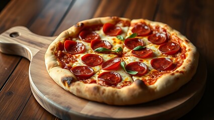 Pepperoni pizza displayed on a wooden board, capturing its delicious and inviting appearance.