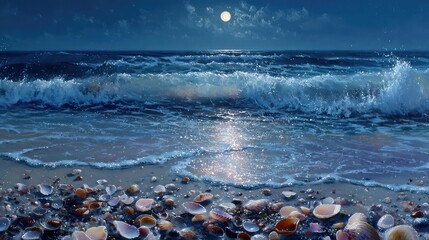 Moonlight reflecting on the waves crashing on the beach at night