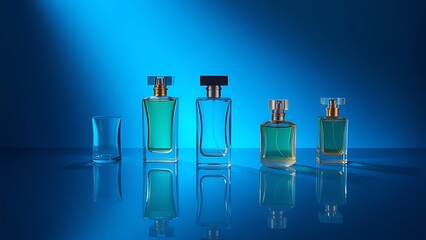 Elegant glass perfume bottles arranged on an azure surface, radiating sophistication and luxury.