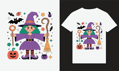 A Vibrant Halloween Greeting Card Featuring a Cute Witch, Black Cats, Bats, and Jack-O'-Lanterns16