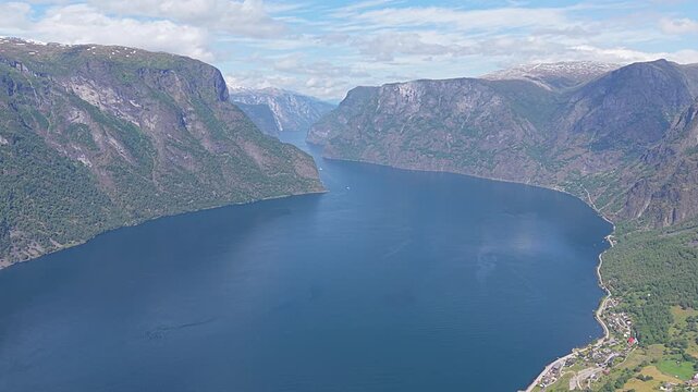  Scenic view of Aurlandsfjord from Stegastein viewpoint in Aurland, Norway