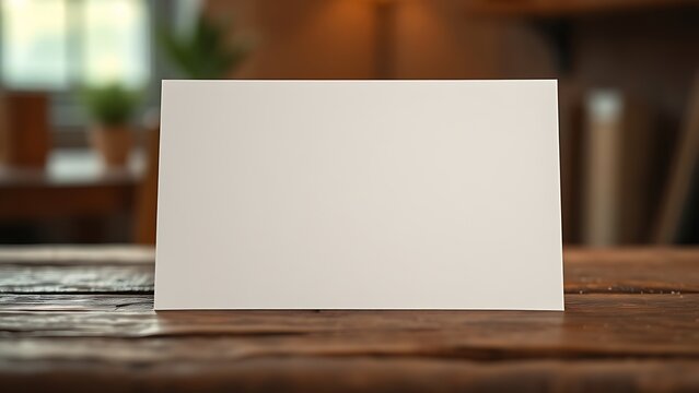 Blank greeting card resting on a rustic wooden surface with warm ambient light.