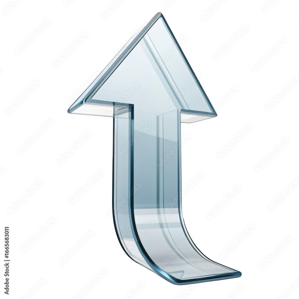 Poster shiny clear glass arrow pointing upwards with a subtle curve indicating progress and direction isola