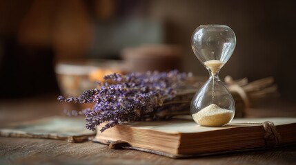 Vintage hourglass and lavender on an old book with rustic charm