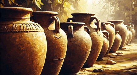 Row of ancient clay amphorae in warm sunlight pottery antique