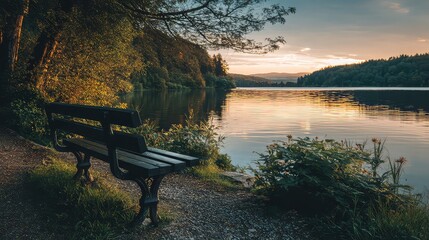 Tranquil lakeside bench awaiting sunset reflections over calm water