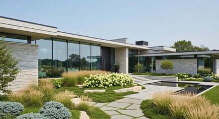 Modern home exterior showcasing landscape design and architecture
